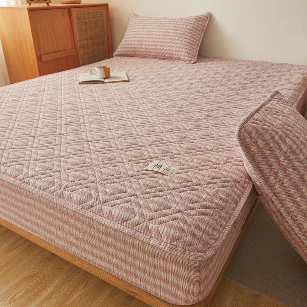 91家纺网 家纺一手货源 找家纺 缦彩 2026新款全棉纯棉水洗棉新疆棉花夹棉格子床笠单品床笠单件 如约-粉