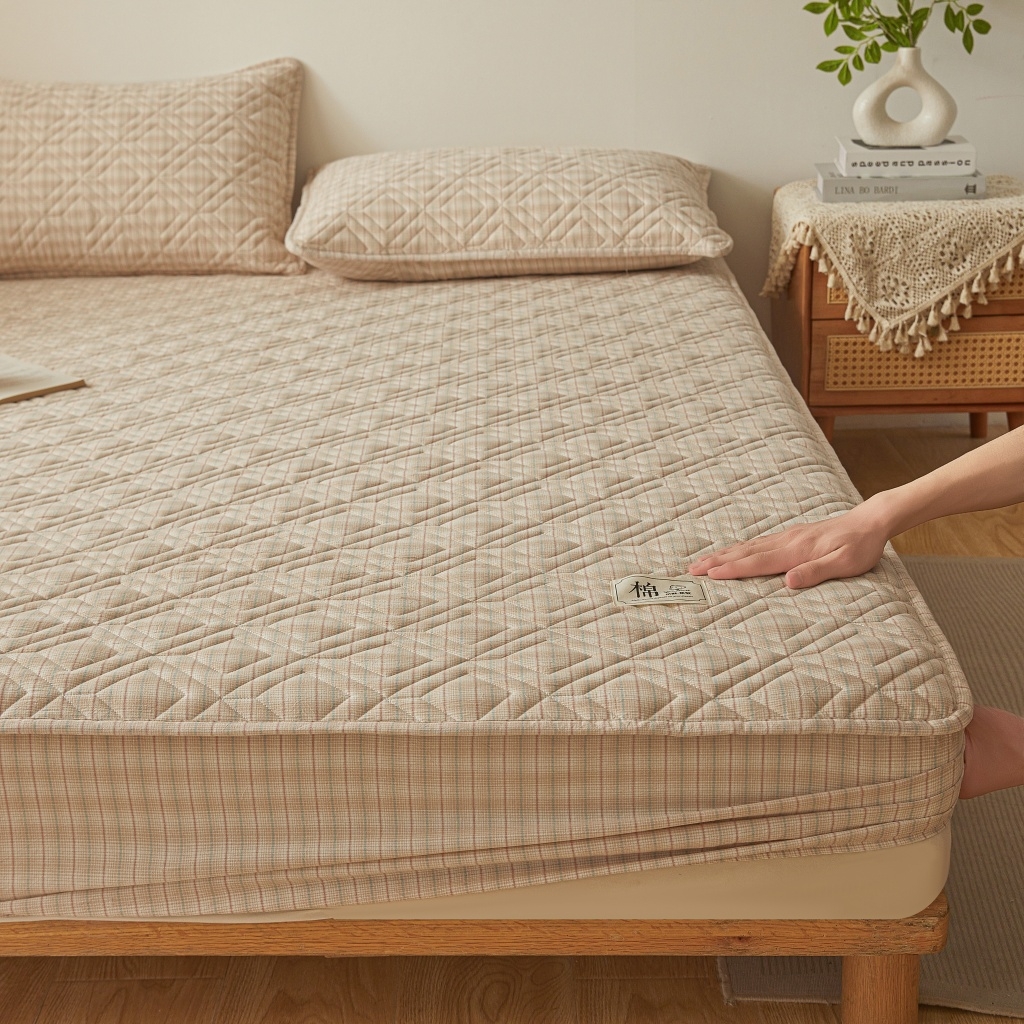 91家纺网 家纺一手货源 找家纺 缦彩 2026新款全棉纯棉水洗棉新疆棉花夹棉格子床笠单品床笠单件 如约-咖