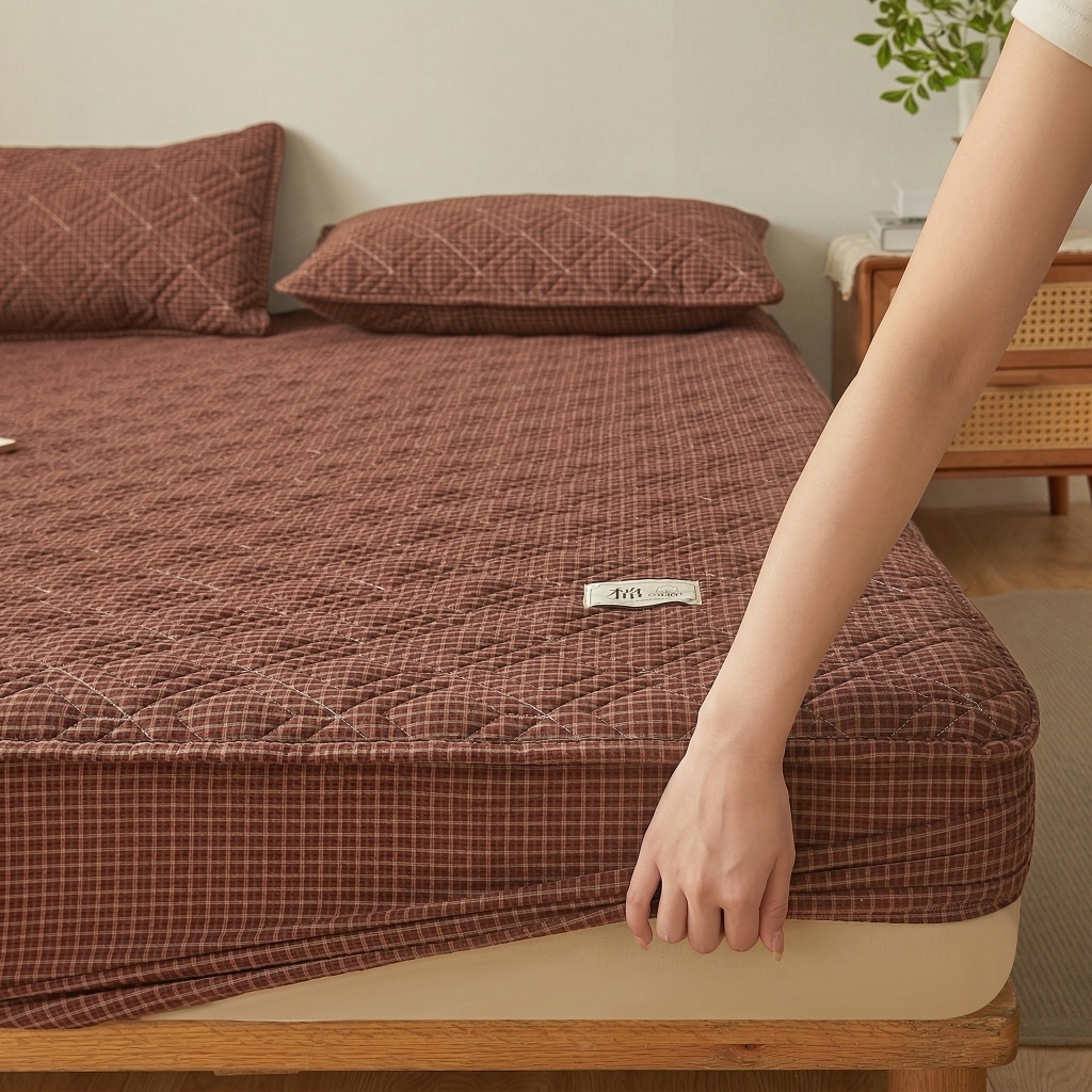 91家纺网 家纺一手货源 找家纺 缦彩 2026新款全棉纯棉水洗棉新疆棉花夹棉格子床笠单品床笠单件 摩卡