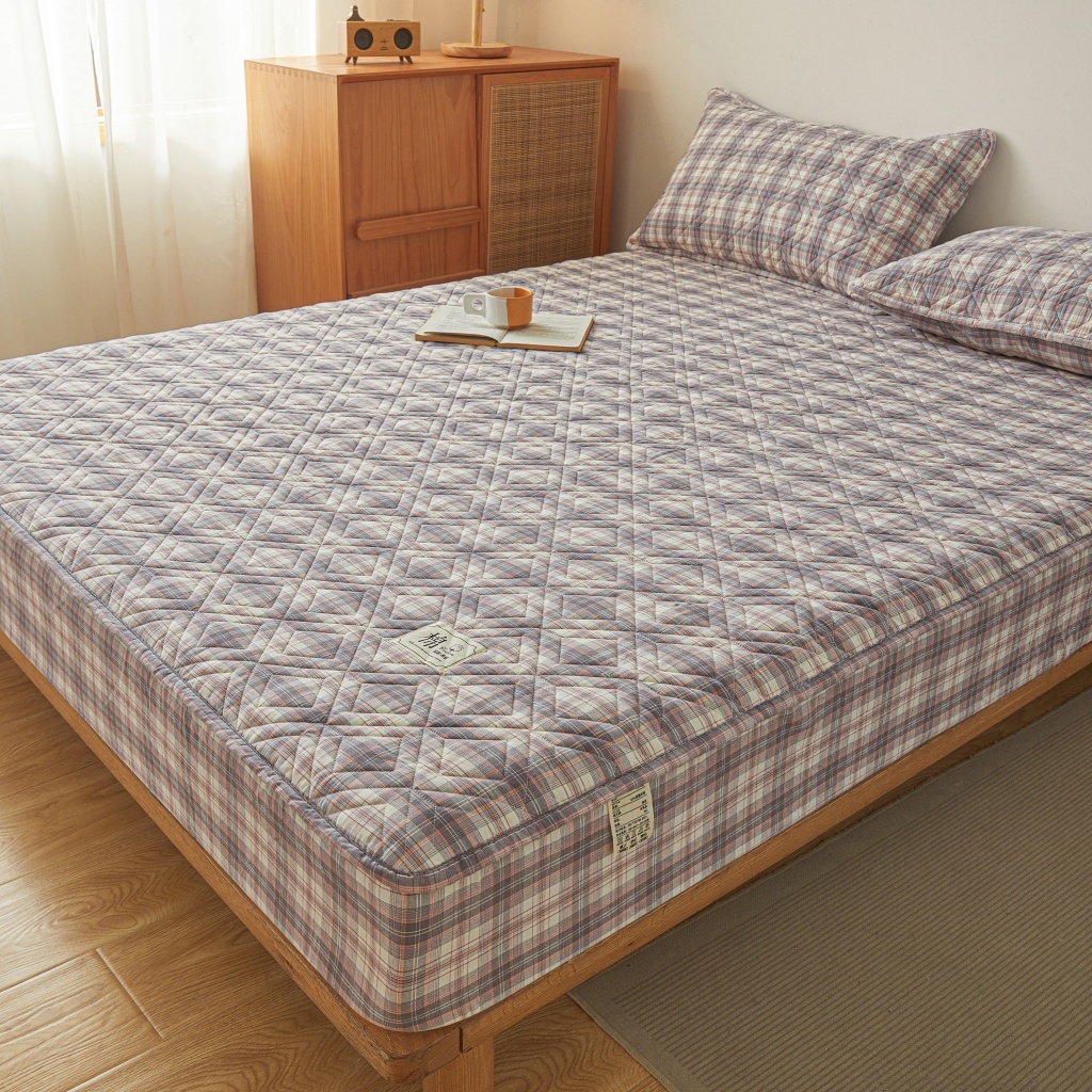 91家纺网 家纺一手货源 找家纺 缦彩 2026新款全棉纯棉水洗棉新疆棉花夹棉格子床笠单品床笠单件 舒然-粉