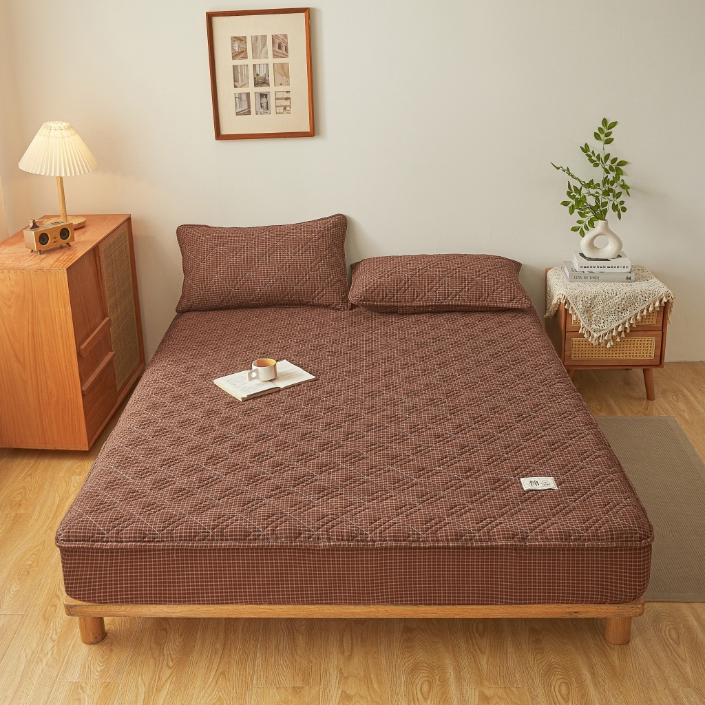 91家纺网 家纺一手货源 找家纺 缦彩 2026新款全棉纯棉水洗棉新疆棉花夹棉格子床笠单品床笠单件 摩卡