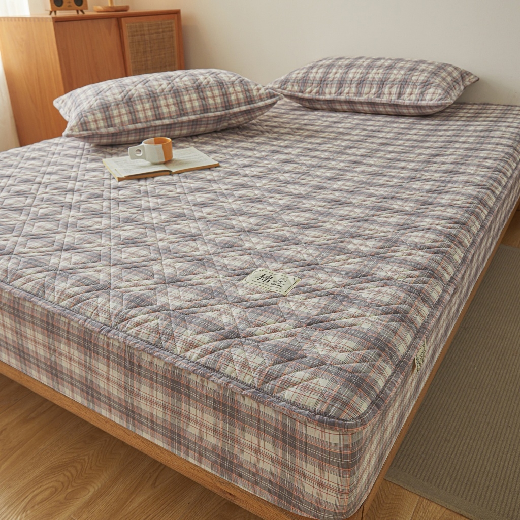 91家纺网 家纺一手货源 找家纺 缦彩 2026新款全棉纯棉水洗棉新疆棉花夹棉格子床笠单品床笠单件 舒然-粉