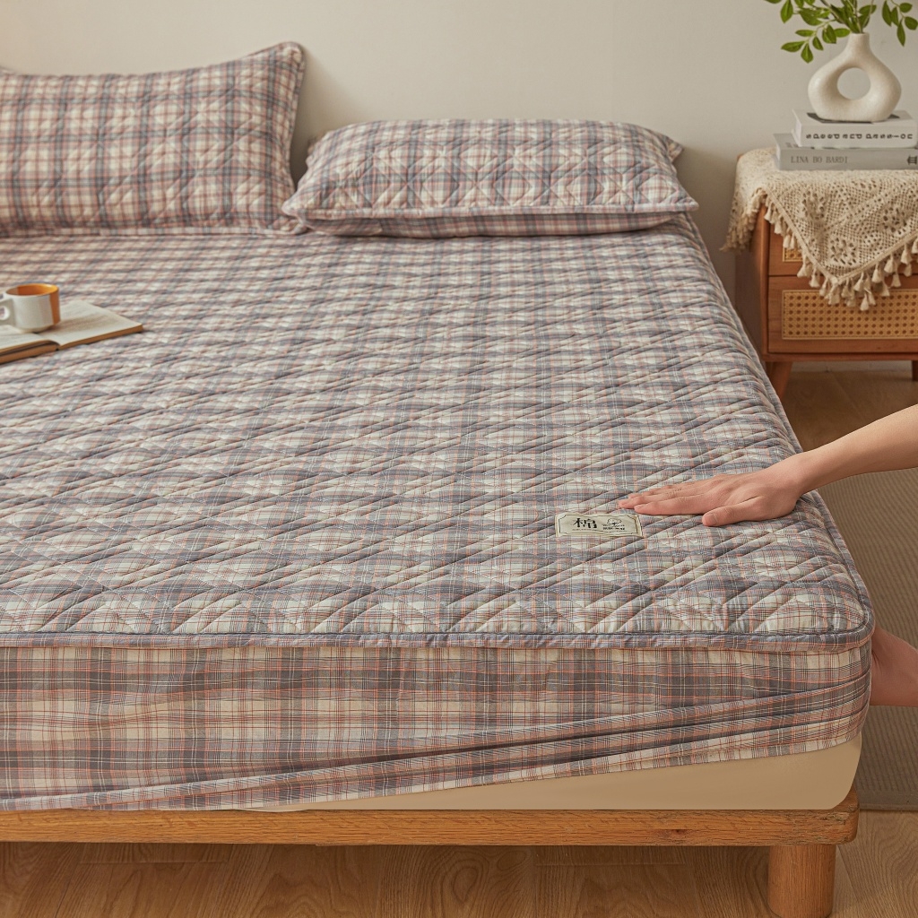 91家纺网 家纺一手货源 找家纺 缦彩 2026新款全棉纯棉水洗棉新疆棉花夹棉格子床笠单品床笠单件 舒然-粉