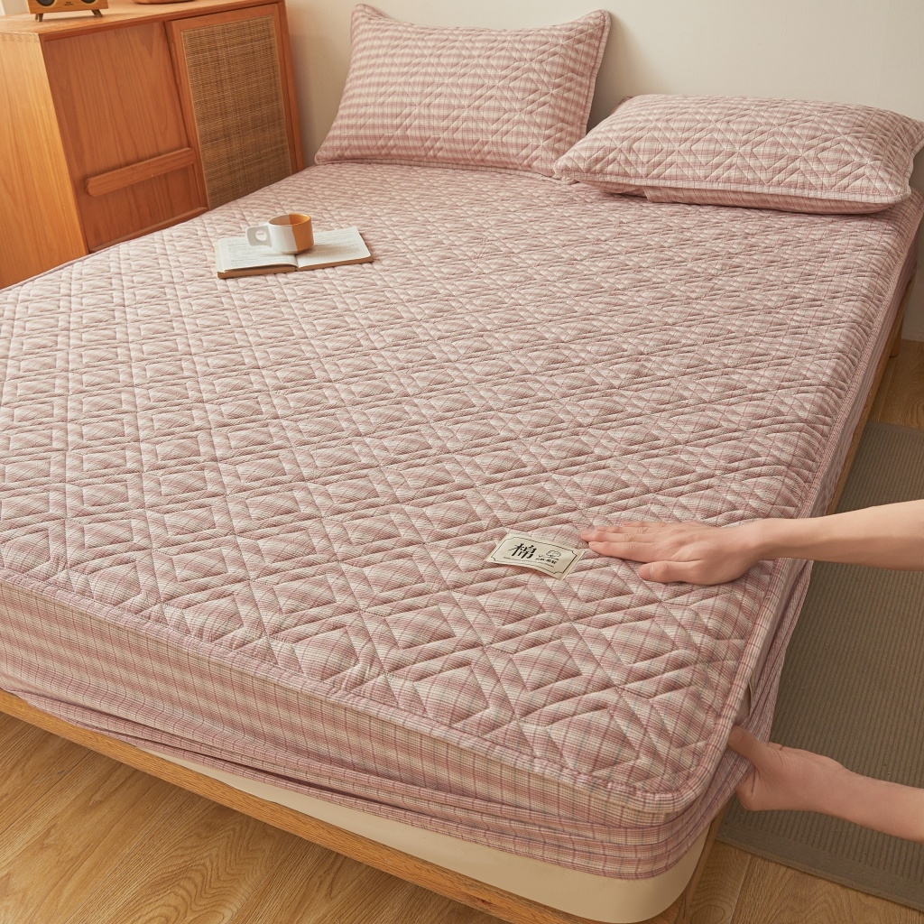 91家纺网 家纺一手货源 找家纺 缦彩 2026新款全棉纯棉水洗棉新疆棉花夹棉格子床笠单品床笠单件 如约-粉