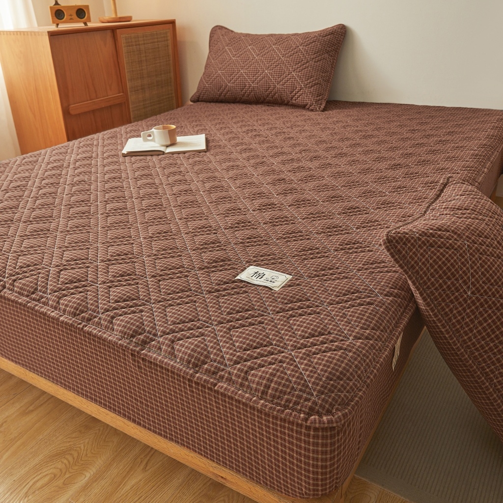 91家纺网 家纺一手货源 找家纺 缦彩 2026新款全棉纯棉水洗棉新疆棉花夹棉格子床笠单品床笠单件 摩卡