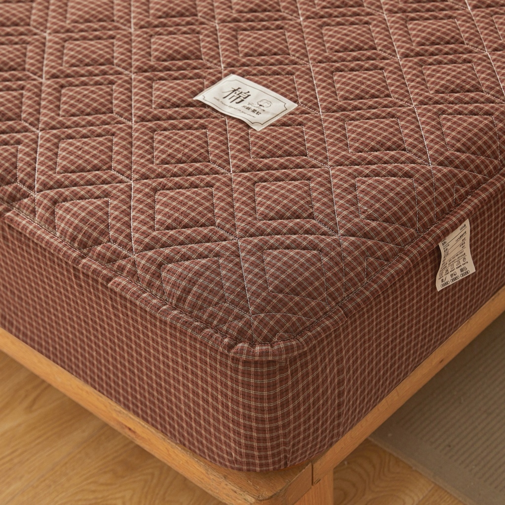 91家纺网 家纺一手货源 找家纺 缦彩 2026新款全棉纯棉水洗棉新疆棉花夹棉格子床笠单品床笠单件 摩卡