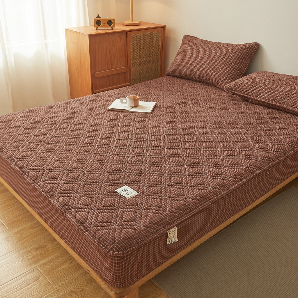 91家纺网 家纺一手货源 找家纺 缦彩 2026新款全棉纯棉水洗棉新疆棉花夹棉格子床笠单品床笠单件 摩卡