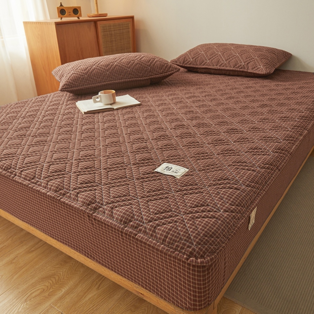 91家纺网 家纺一手货源 找家纺 缦彩 2026新款全棉纯棉水洗棉新疆棉花夹棉格子床笠单品床笠单件 摩卡