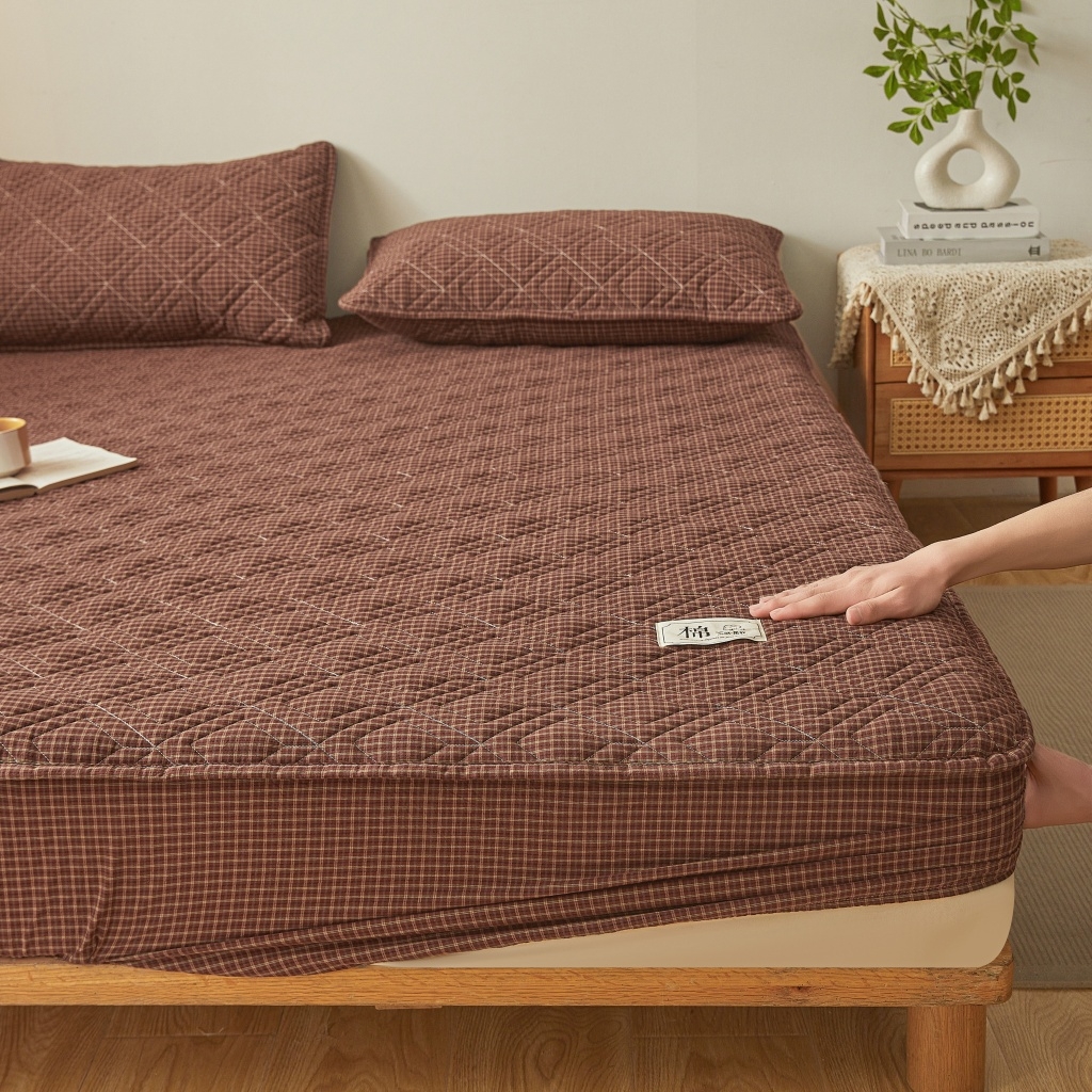 91家纺网 家纺一手货源 找家纺 缦彩 2026新款全棉纯棉水洗棉新疆棉花夹棉格子床笠单品床笠单件 摩卡