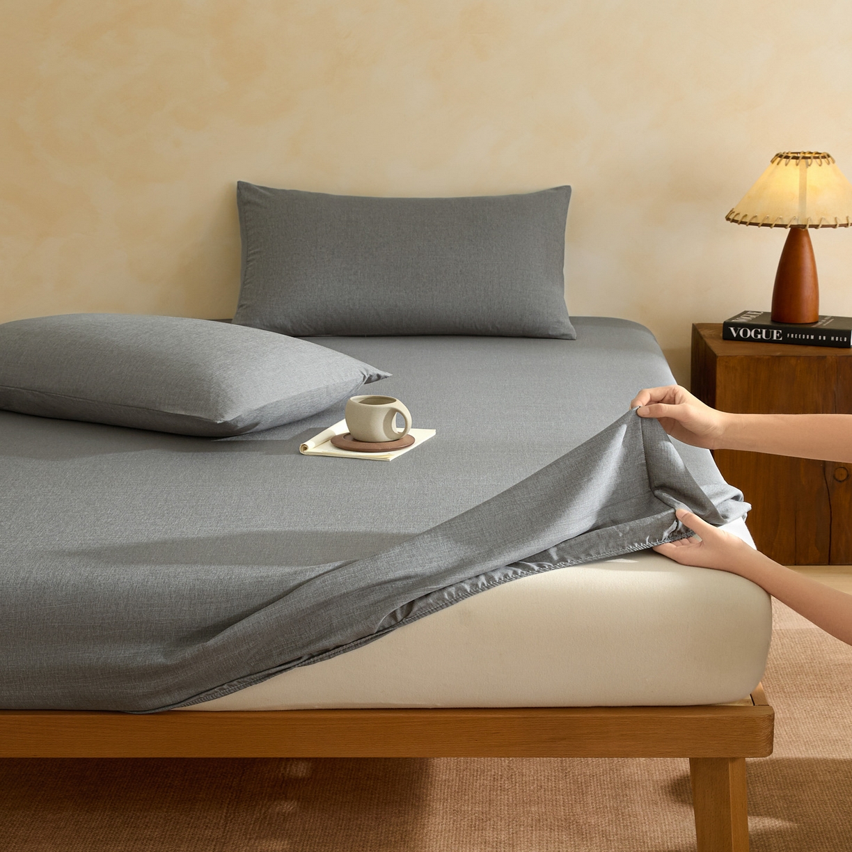 91家纺网 家纺一手货源 找家纺 衿成家纺 2026春夏新款竹纤维床笠凉感纹理感单床笠 床笠单件 竹纤维-浅灰