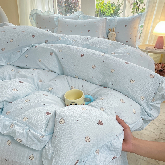 91家纺网 家纺一手货源 找家纺 （总）昊川家纺 2026新款奶芙双层纱皱皱纱小清新多功能韩版花边床盖四件套