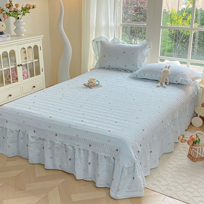 91家纺网 家纺一手货源 找家纺 （总）昊川家纺 2026新款奶芙双层纱皱皱纱小清新多功能韩版花边床盖四件套