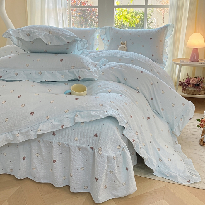 91家纺网 家纺一手货源 找家纺 （总）昊川家纺 2026新款奶芙双层纱皱皱纱小清新多功能韩版花边床盖四件套