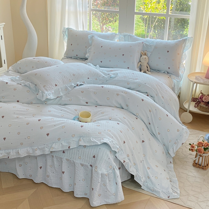 91家纺网 家纺一手货源 找家纺 （总）昊川家纺 2026新款奶芙双层纱皱皱纱小清新多功能韩版花边床盖四件套