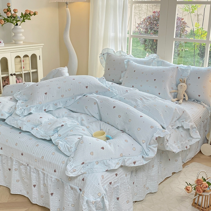 91家纺网 家纺一手货源 找家纺 （总）昊川家纺 2026新款奶芙双层纱皱皱纱小清新多功能韩版花边床盖四件套