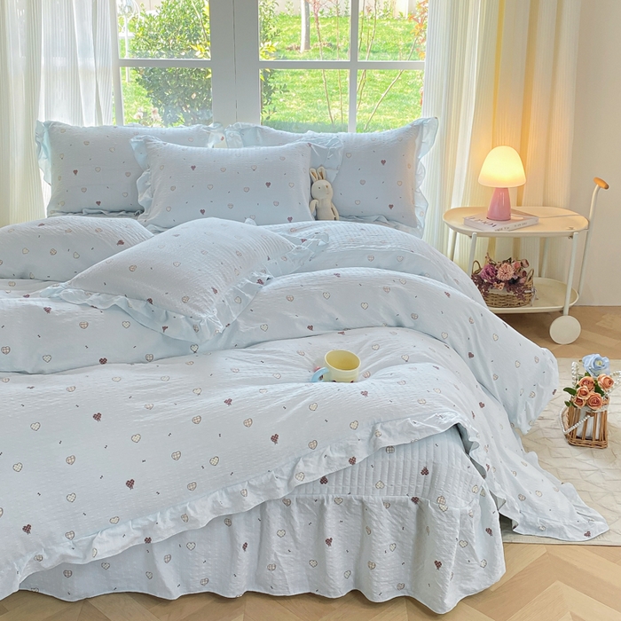 91家纺网 家纺一手货源 找家纺 （总）昊川家纺 2026新款奶芙双层纱皱皱纱小清新多功能韩版花边床盖四件套