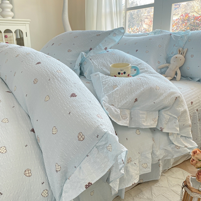 91家纺网 家纺一手货源 找家纺 （总）昊川家纺 2026新款奶芙双层纱皱皱纱小清新多功能韩版花边床盖四件套