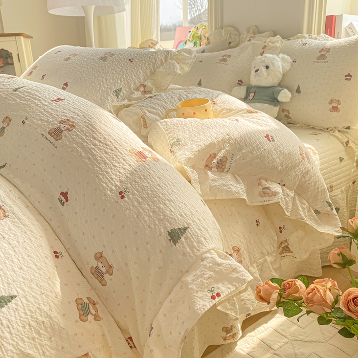 91家纺网 家纺一手货源 找家纺 昊川家纺 2026新款奶芙双层纱皱皱纱小清新多功能韩版花边床盖四件套 好朋友-奶杏