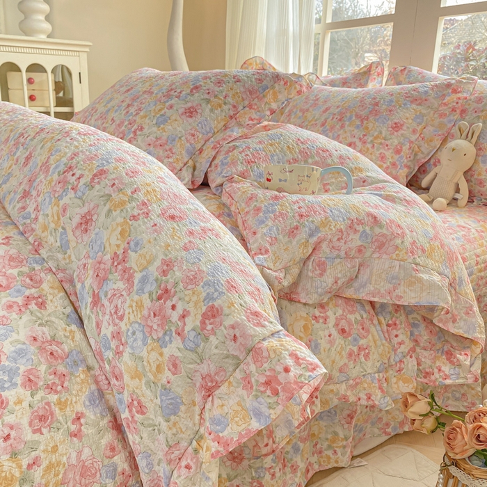 昊川家纺 2026新款奶芙双层纱皱皱纱小清新多功能韩版花边床盖四件套 春日来信