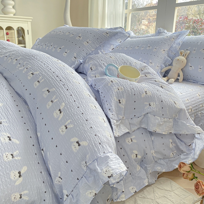 91家纺网 家纺一手货源 找家纺 昊川家纺 2026新款奶芙双层纱皱皱纱小清新多功能韩版花边床盖四件套 温柔兔-蓝