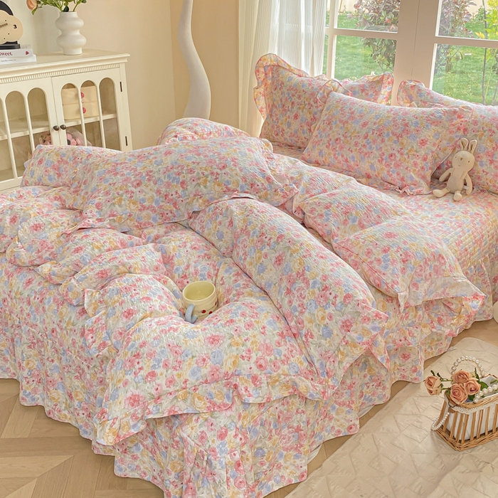 91家纺网 家纺一手货源 找家纺 昊川家纺 2026新款奶芙双层纱皱皱纱小清新多功能韩版花边床盖四件套 春日来信