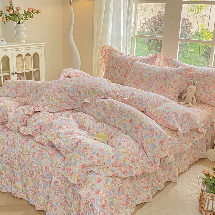 91家纺网 家纺一手货源 找家纺 昊川家纺 2026新款奶芙双层纱皱皱纱小清新多功能韩版花边床盖四件套 春日来信