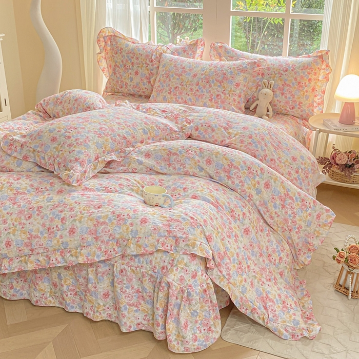 91家纺网 家纺一手货源 找家纺 昊川家纺 2026新款奶芙双层纱皱皱纱小清新多功能韩版花边床盖四件套 春日来信