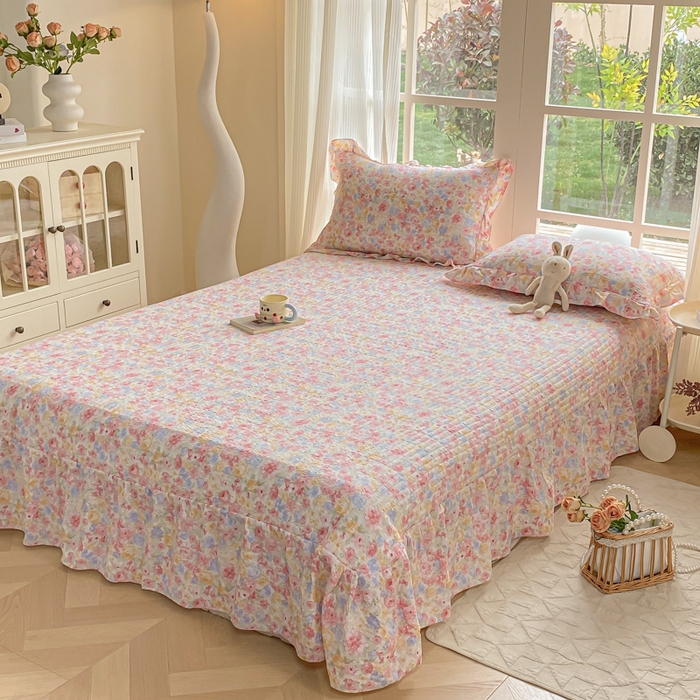 91家纺网 家纺一手货源 找家纺 昊川家纺 2026新款奶芙双层纱皱皱纱小清新多功能韩版花边床盖四件套 春日来信