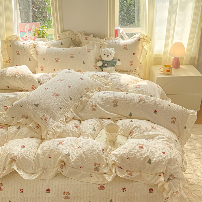 91家纺网 家纺一手货源 找家纺 昊川家纺 2026新款奶芙双层纱皱皱纱小清新多功能韩版花边床盖四件套 好朋友-奶杏