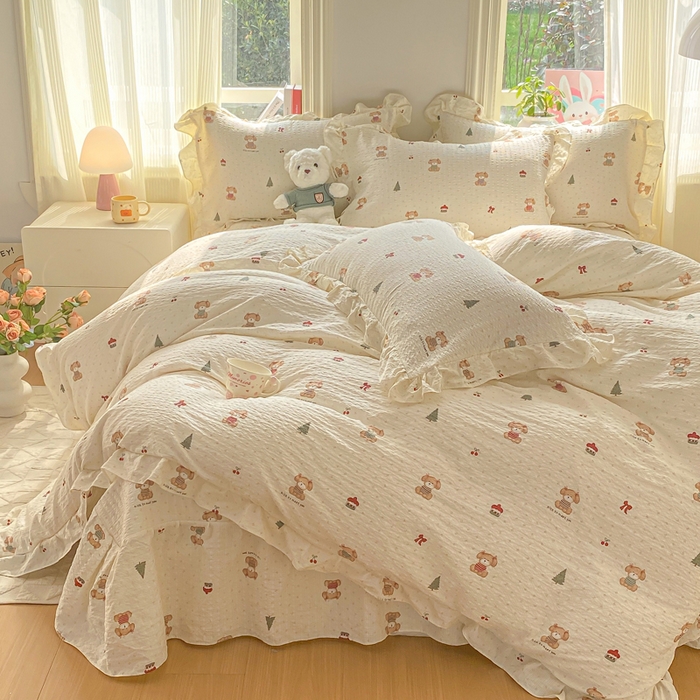 91家纺网 家纺一手货源 找家纺 昊川家纺 2026新款奶芙双层纱皱皱纱小清新多功能韩版花边床盖四件套 好朋友-奶杏