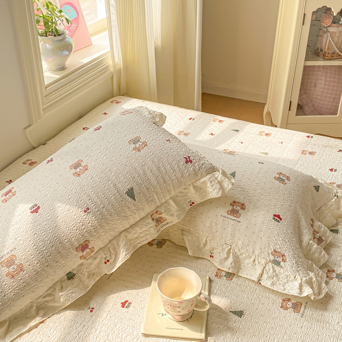 91家纺网 家纺一手货源 找家纺 昊川家纺 2026新款奶芙双层纱皱皱纱小清新多功能韩版花边床盖四件套 好朋友-奶杏