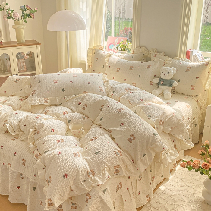 91家纺网 家纺一手货源 找家纺 昊川家纺 2026新款奶芙双层纱皱皱纱小清新多功能韩版花边床盖四件套 好朋友-奶杏