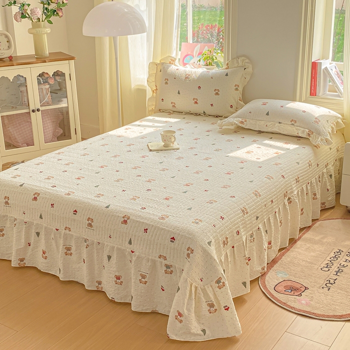 91家纺网 家纺一手货源 找家纺 昊川家纺 2026新款奶芙双层纱皱皱纱小清新多功能韩版花边床盖四件套 好朋友-奶杏