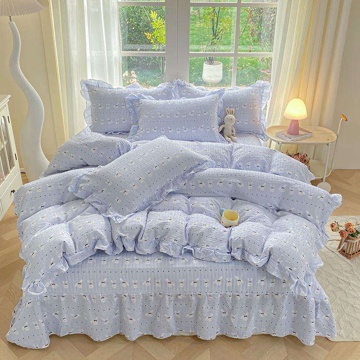 91家纺网 家纺一手货源 找家纺 昊川家纺 2026新款奶芙双层纱皱皱纱小清新多功能韩版花边床盖四件套 温柔兔-蓝