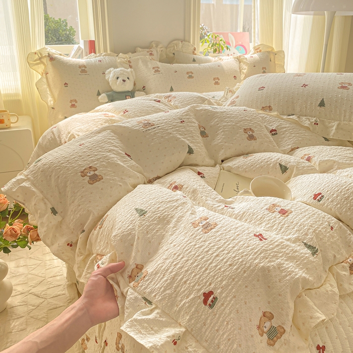 91家纺网 家纺一手货源 找家纺 昊川家纺 2026新款奶芙双层纱皱皱纱小清新多功能韩版花边床盖四件套 好朋友-奶杏