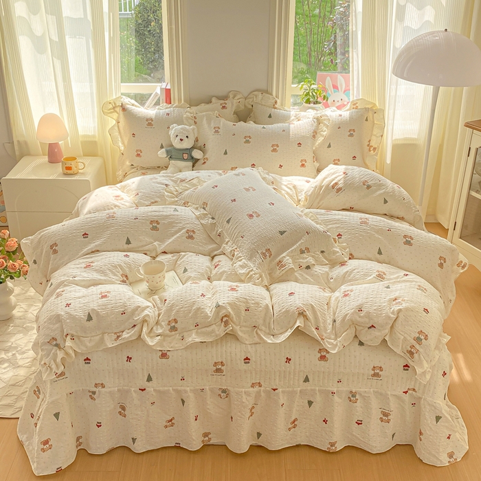 91家纺网 家纺一手货源 找家纺 昊川家纺 2026新款奶芙双层纱皱皱纱小清新多功能韩版花边床盖四件套 好朋友-奶杏