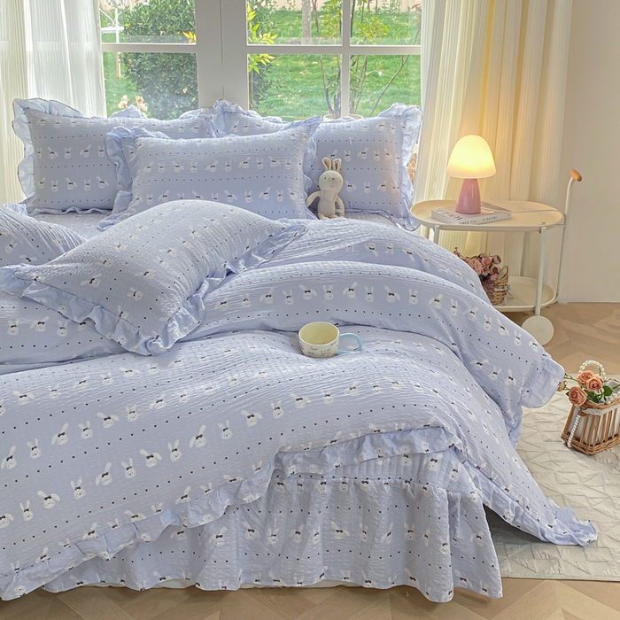 91家纺网 家纺一手货源 找家纺 昊川家纺 2026新款奶芙双层纱皱皱纱小清新多功能韩版花边床盖四件套 温柔兔-蓝