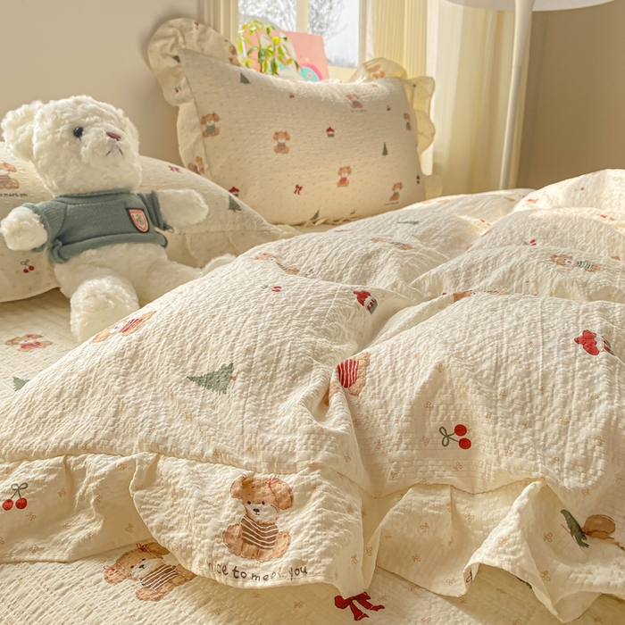 91家纺网 家纺一手货源 找家纺 昊川家纺 2026新款奶芙双层纱皱皱纱小清新多功能韩版花边床盖四件套 好朋友-奶杏