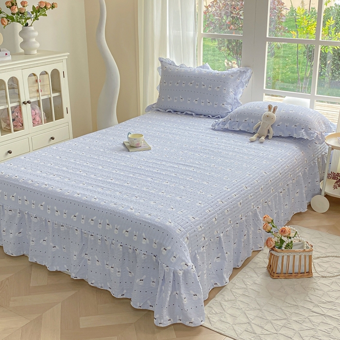 91家纺网 家纺一手货源 找家纺 昊川家纺 2026新款奶芙双层纱皱皱纱小清新多功能韩版花边床盖四件套 温柔兔-蓝