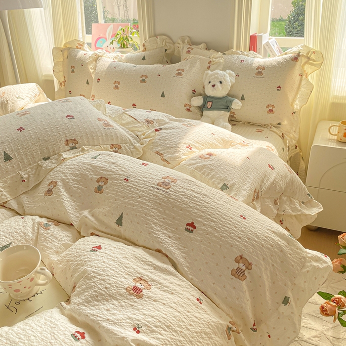 91家纺网 家纺一手货源 找家纺 昊川家纺 2026新款奶芙双层纱皱皱纱小清新多功能韩版花边床盖四件套 好朋友-奶杏