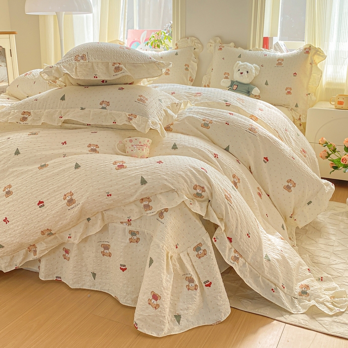 91家纺网 家纺一手货源 找家纺 昊川家纺 2026新款奶芙双层纱皱皱纱小清新多功能韩版花边床盖四件套 好朋友-奶杏