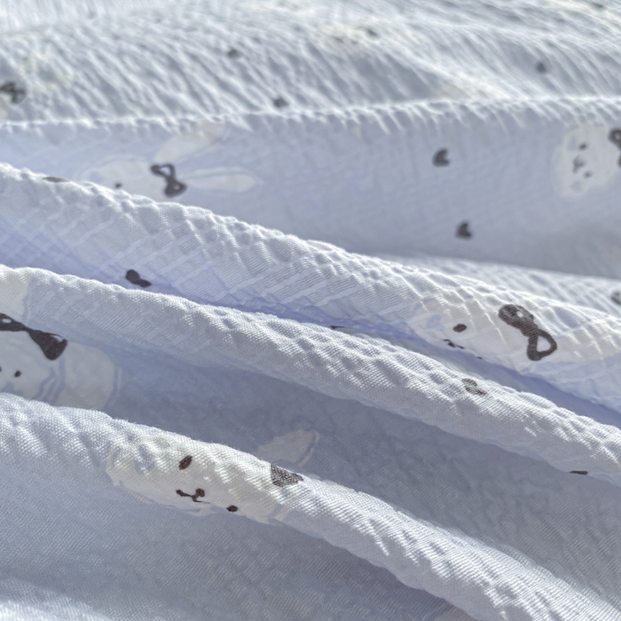 91家纺网 家纺一手货源 找家纺 昊川家纺 2026新款奶芙双层纱皱皱纱小清新多功能韩版花边床盖四件套 温柔兔-蓝