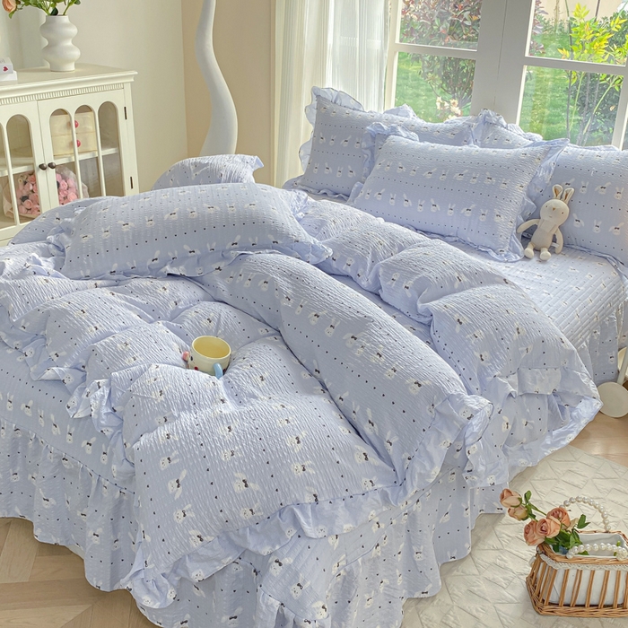 91家纺网 家纺一手货源 找家纺 昊川家纺 2026新款奶芙双层纱皱皱纱小清新多功能韩版花边床盖四件套 温柔兔-蓝
