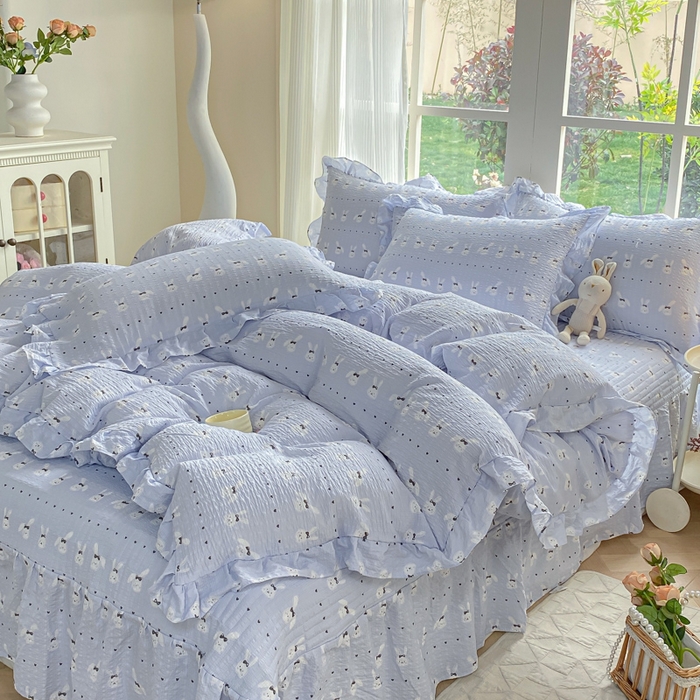 91家纺网 家纺一手货源 找家纺 昊川家纺 2026新款奶芙双层纱皱皱纱小清新多功能韩版花边床盖四件套 温柔兔-蓝