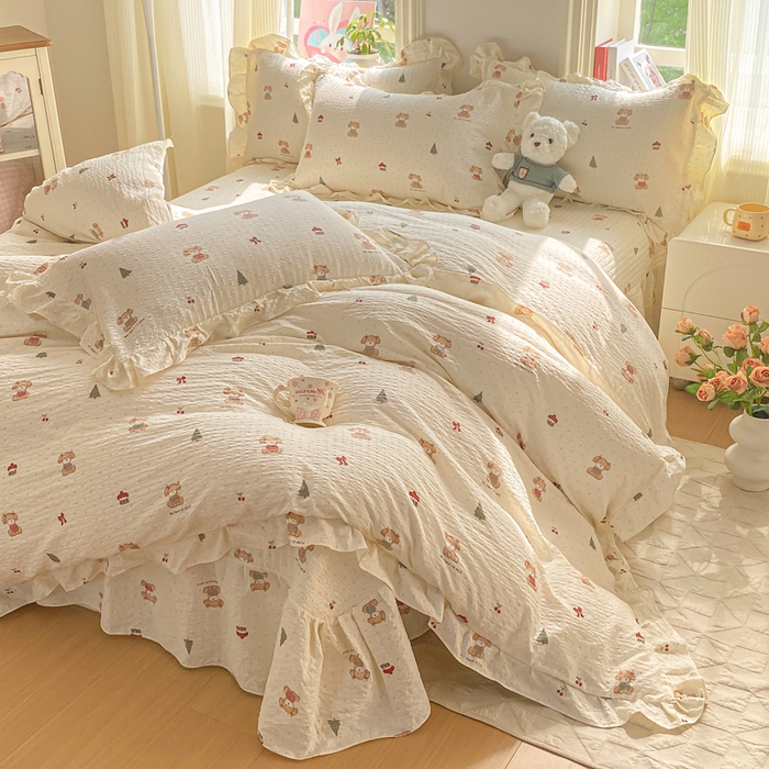 91家纺网 家纺一手货源 找家纺 昊川家纺 2026新款奶芙双层纱皱皱纱小清新多功能韩版花边床盖四件套 好朋友-奶杏