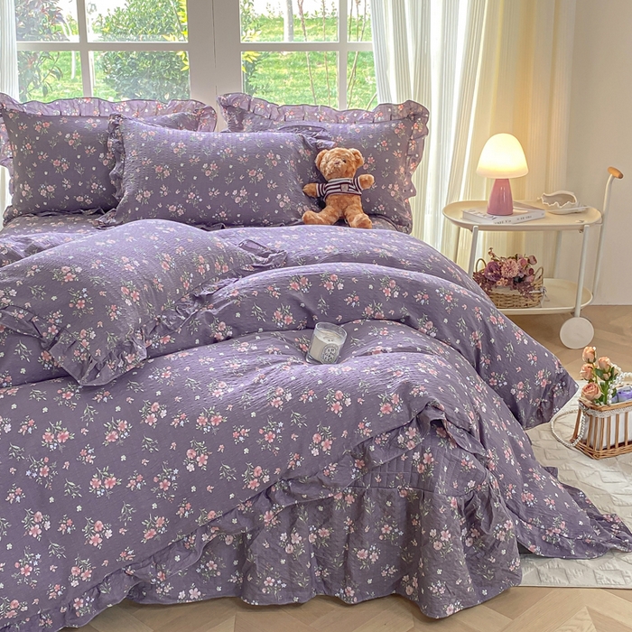 91家纺网 家纺一手货源 找家纺 昊川家纺 2026新款奶芙双层纱皱皱纱小清新多功能韩版花边床盖四件套 花漾-紫