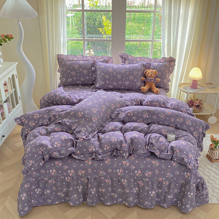 91家纺网 家纺一手货源 找家纺 昊川家纺 2026新款奶芙双层纱皱皱纱小清新多功能韩版花边床盖四件套 花漾-紫