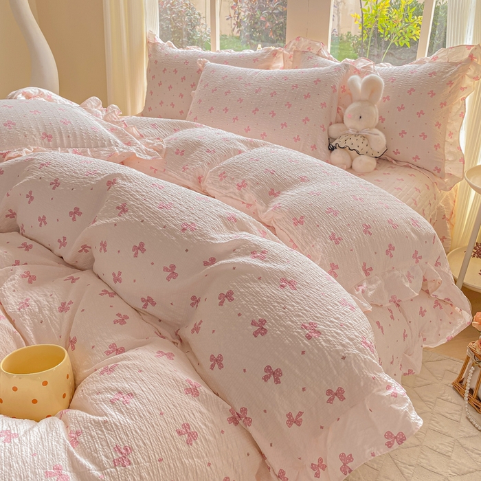 91家纺网 家纺一手货源 找家纺 昊川家纺 2026新款奶芙双层纱皱皱纱小清新多功能韩版花边床盖四件套 蝴蝶结-樱花粉