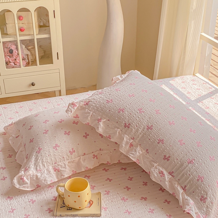 91家纺网 家纺一手货源 找家纺 昊川家纺 2026新款奶芙双层纱皱皱纱小清新多功能韩版花边床盖四件套 蝴蝶结-樱花粉