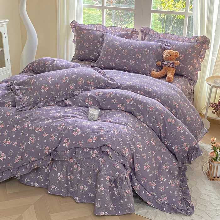 91家纺网 家纺一手货源 找家纺 昊川家纺 2026新款奶芙双层纱皱皱纱小清新多功能韩版花边床盖四件套 花漾-紫
